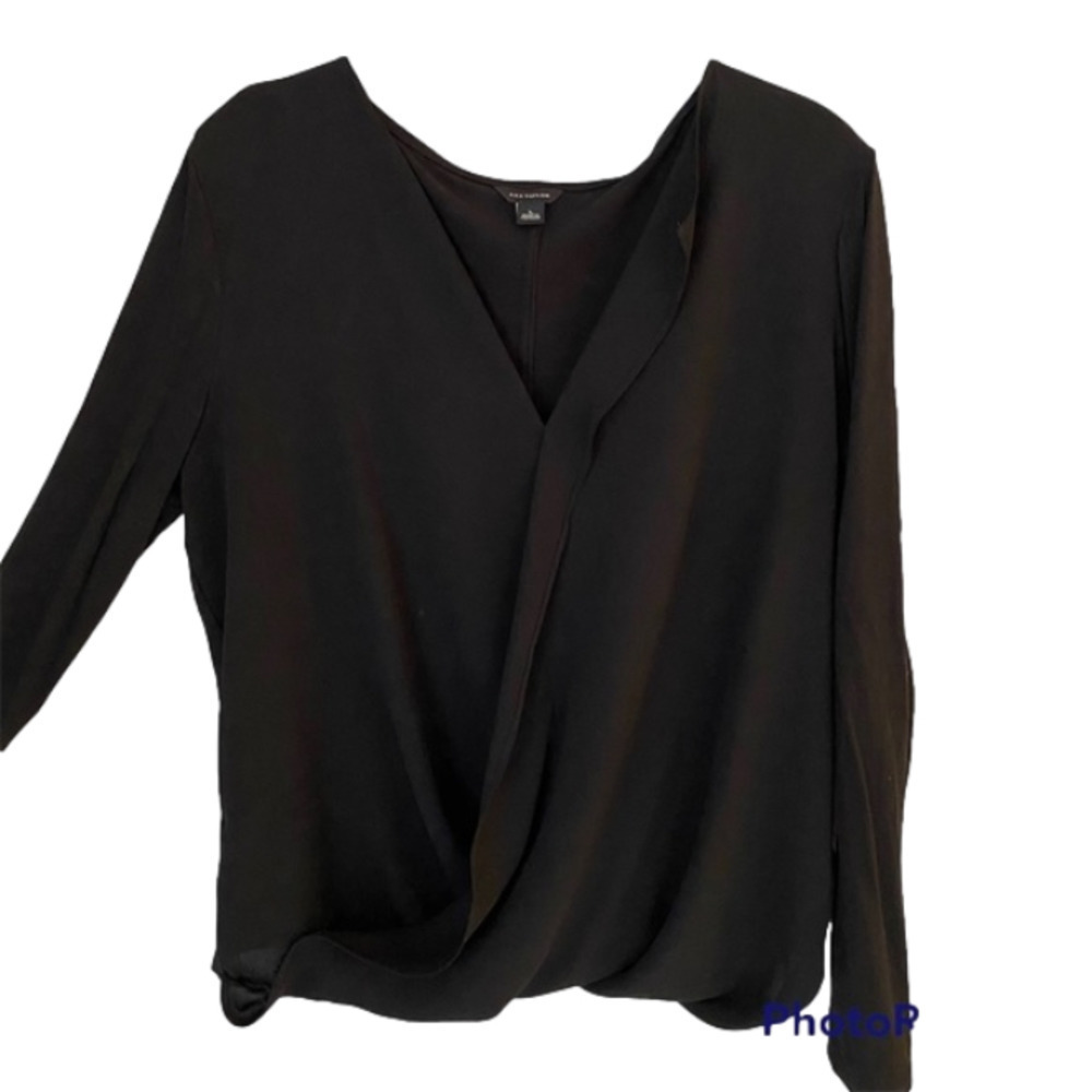 ANN TAYLOR Top Blouse Cross Front Long Sleeve Semi-Sheer Black Women Size L